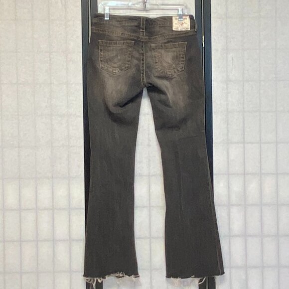 True Religion Becca Big T Bootcut Jeans Black 29 Low Rise Raw Hem Distress Faded - Picture 2 of 13
